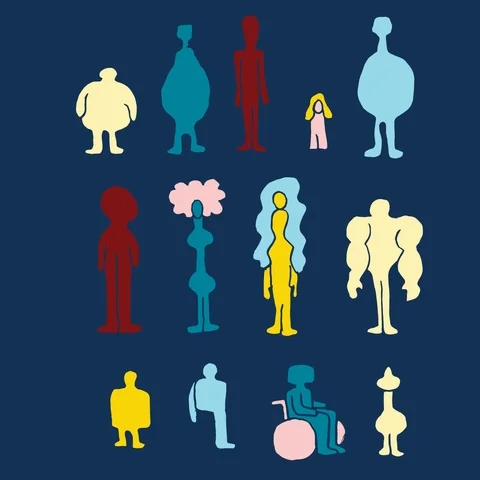 animation displaying diversity, different humans shapes, colours and abilities