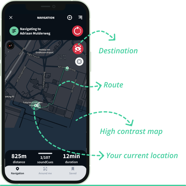 Shows your navigation progress on a 2D map, optimal high contrast legibility.