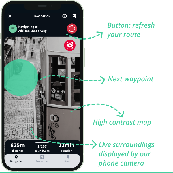 Refresh your route by tapping the refresh button. AR view mode shows you the audio cues embedded on the real world.