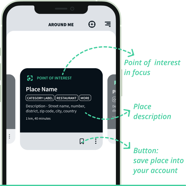 Save places from around me screen by double tapping on one result and selecting the save place button.