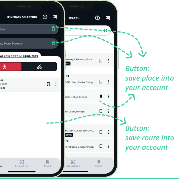 Save places or routes by tapping the save place or save route buttons present throughout the app different screens.