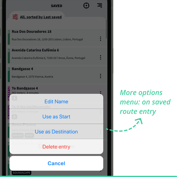 Edit saved places/routes names, start navigation, get route details or delete items from your account on more options button.
