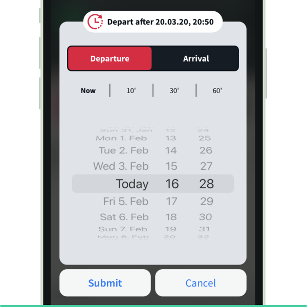 Refine your route schedule by taping depart after... button. Select the date and time and tap submit button to validate it.