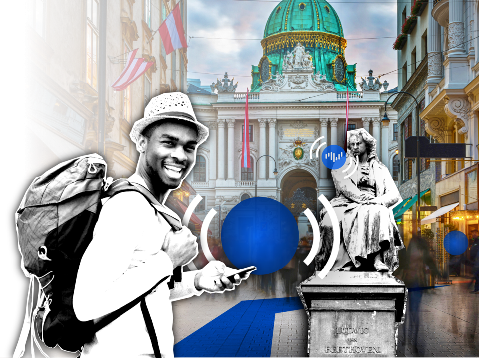 Traveler in the foreground. City environment background: pedestrian street full of people, downtown vienna, landmarks, historic buildings, local businesses, featured Beethoven statue. AR route defined by sound signals overlaid in the real world.